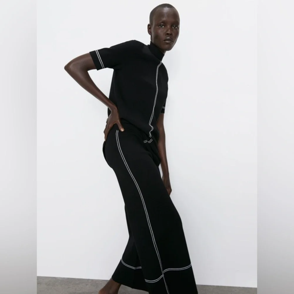 Zara Black Wide-Leg Pants with White Stitching - Picture 3 of 5